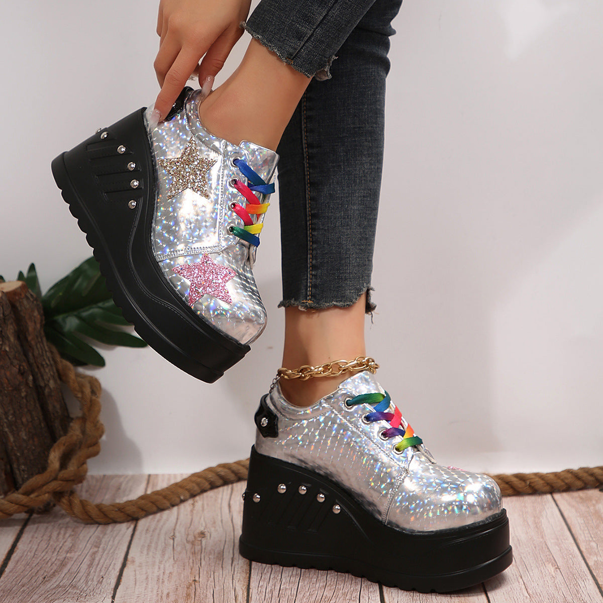Punk Style Platform Shoes - Women's High Heel Rivet Detail Casual Shoes