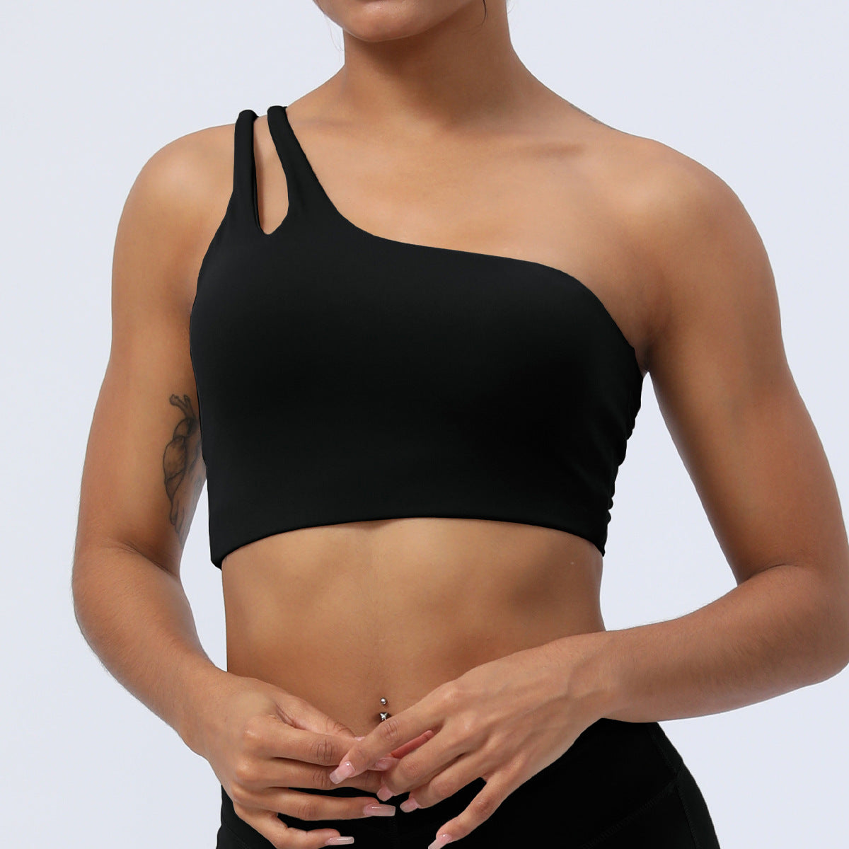 Women's Sports Bra - Slant Shoulder Strap Workout Top with Hollow-Out Design