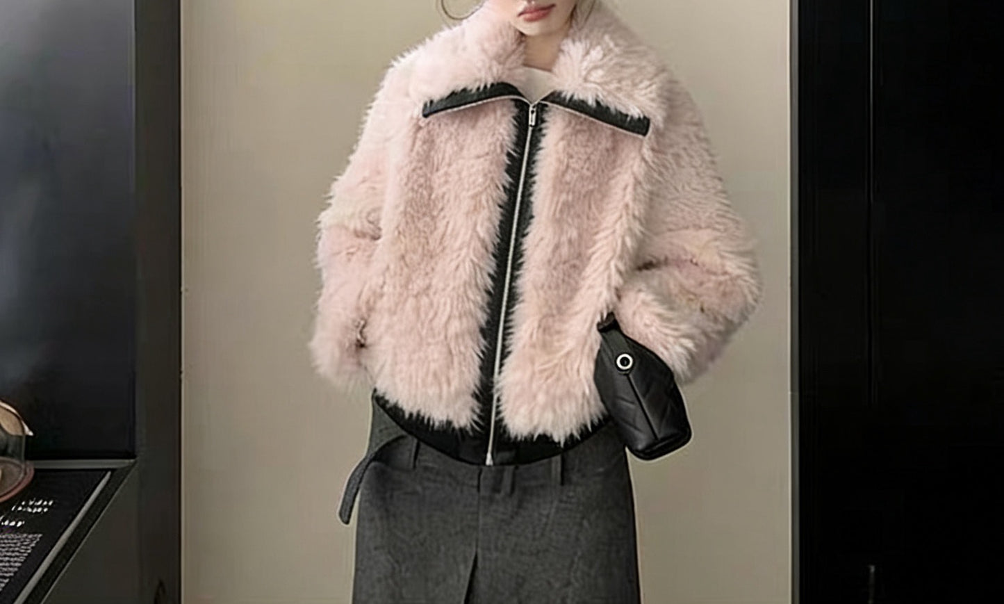 Premium Wool Blend Lapel Jacket with Faux Leather Trim