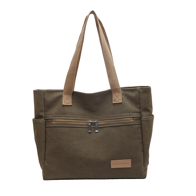 Canvas Tote Bag - Contrast Color Shoulder Handbag with Pockets