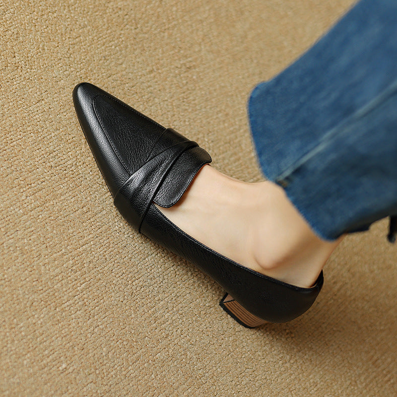 Full-Grain Sheepskin Pointed-Toe Chunky Heel Shoes - Women's Spring Pumps