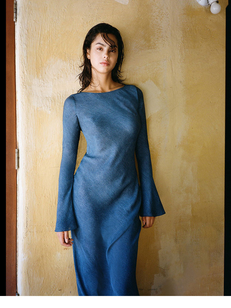 Silk Sun Protection Midi Dress - V-neck Long Sleeve A-line