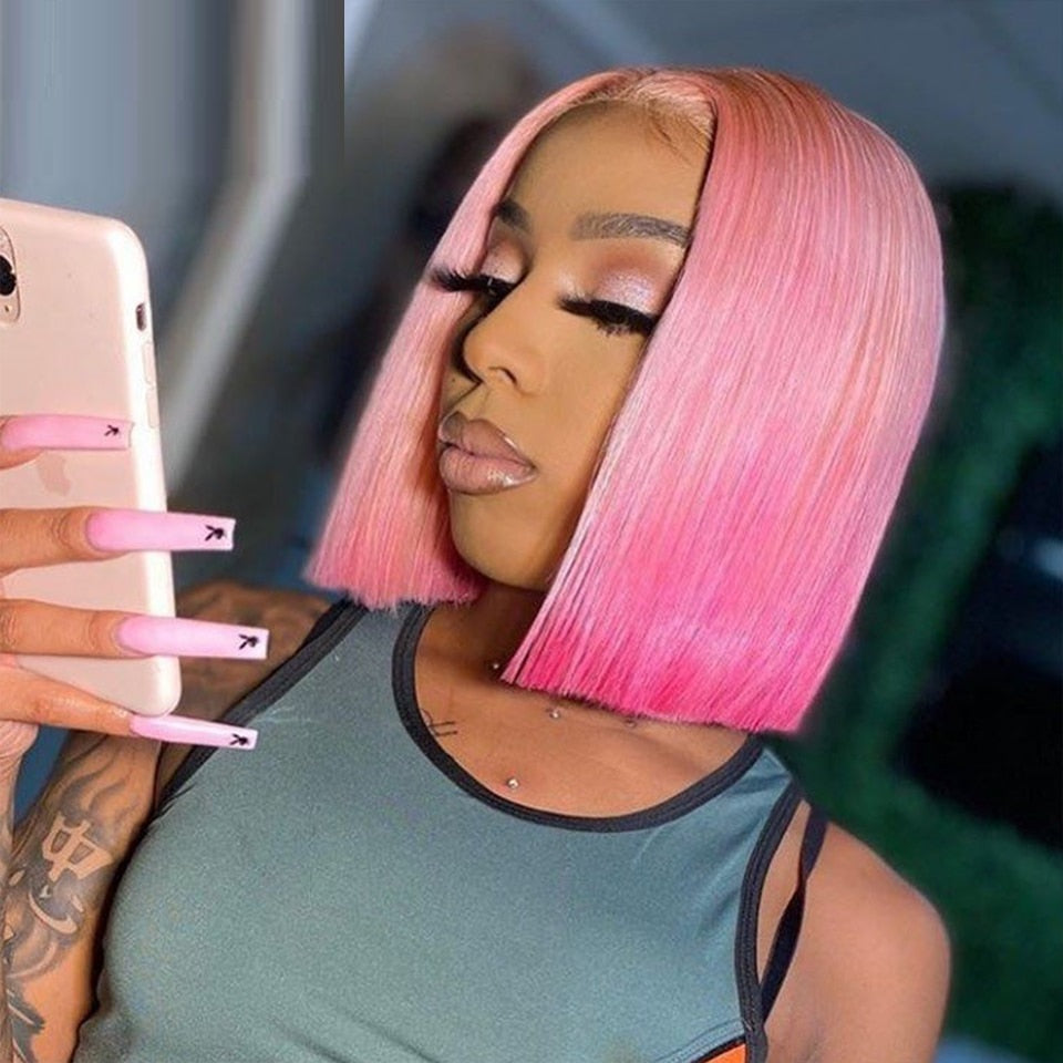 Gradient Front Lace Semi-Machine-Made High Quality Human Hair Wig - 130% Density Pink Blonde