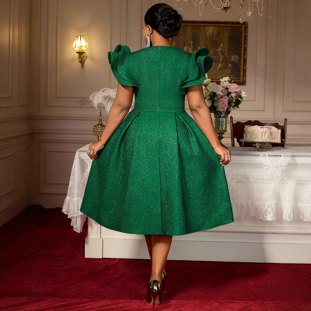 Women's Dark Green Jacquard Ruffle-Sleeve A-Line Evening Dress (Plus Size)