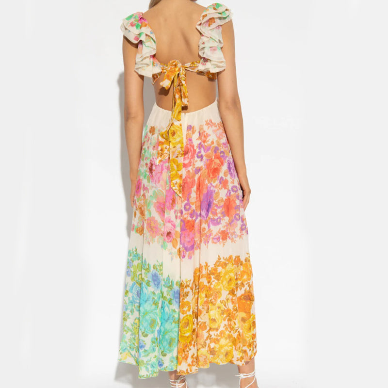 Women's V-Neck Ruffle Sleeve Floral Print Backless Maxi Dress - French-Style Beach Dress