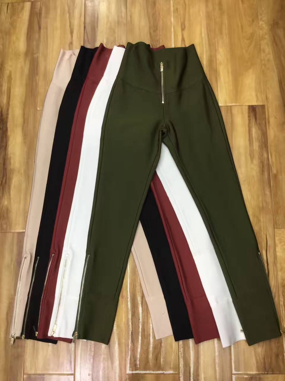 Bandage Stretch Leggings with Zipper Detail - White Fitted Pants