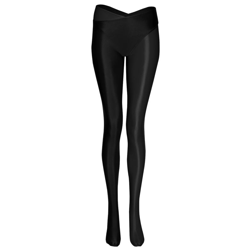 Crossed Two-Color Split-Leg Glossy Pants - Women's High Waist Nylon Leggings