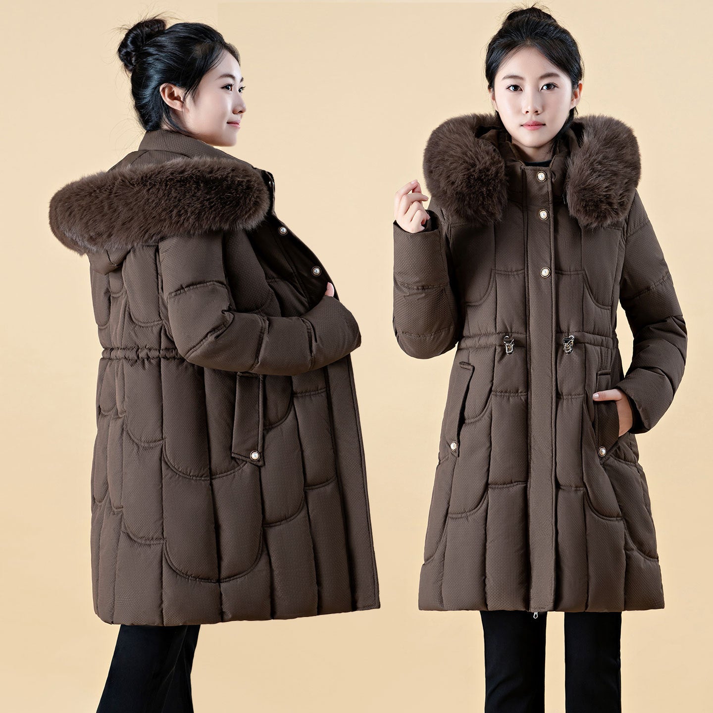 Women's Mid-Length Loose-Fit Down Padded Jacket - Elegant Commute Style with Fur Collar