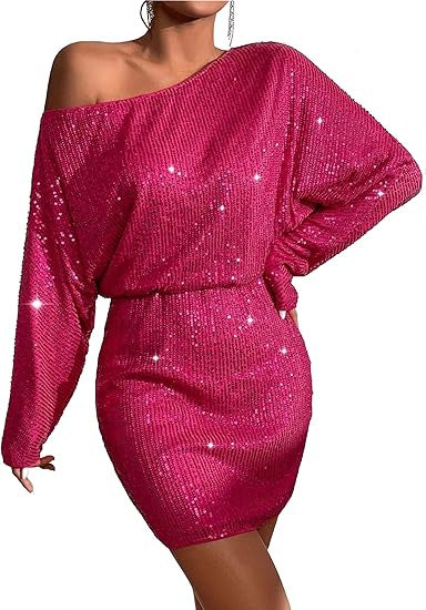 Sequined Off-Shoulder Shirt Dress - Short Sleeve Loose Pullover Long Dress