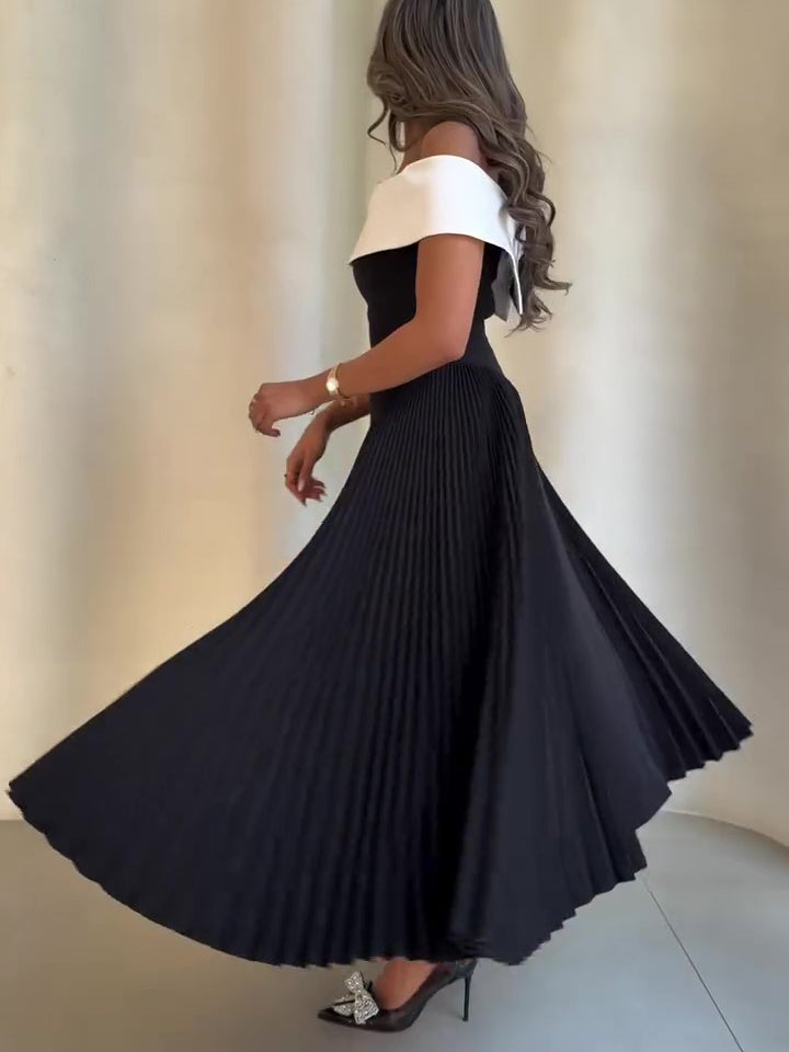 Off-Shoulder Contrast Pleated Dress - Elegant Maxi Dress for Daily and Party Wear