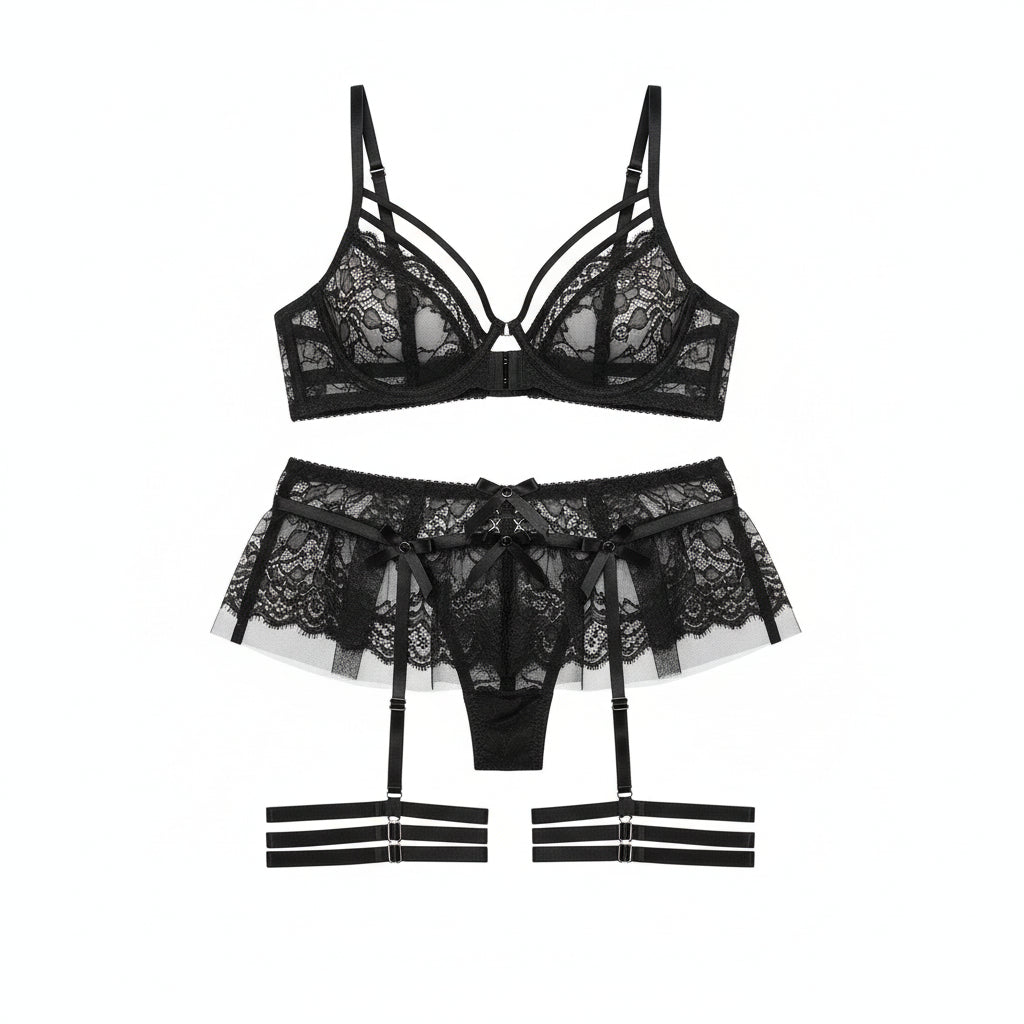 Women's Embroidered Mesh Lingerie Four-Piece Set - Delicate Pleated Design