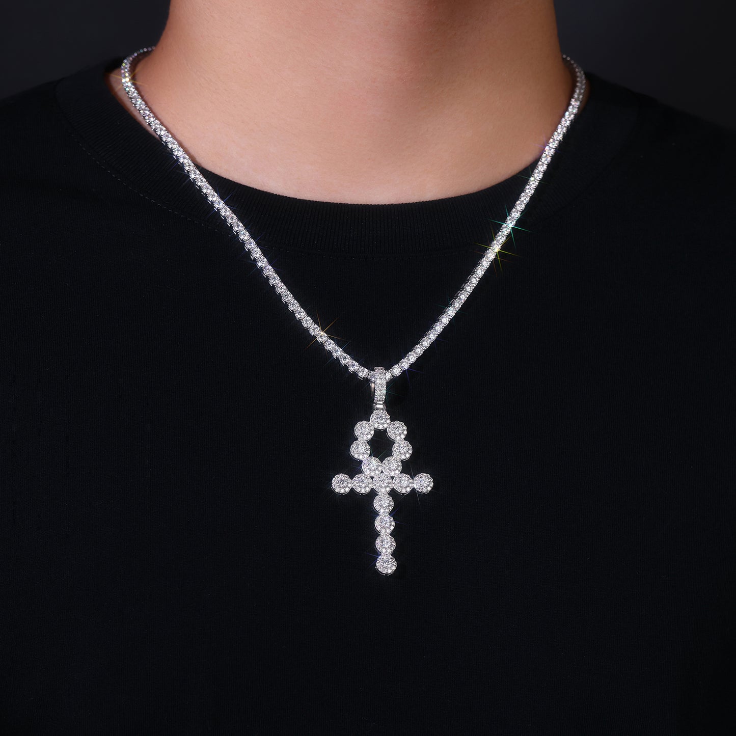 Moissanite Key Pendant Necklace Set - S925 Sterling Silver Platinum Plated