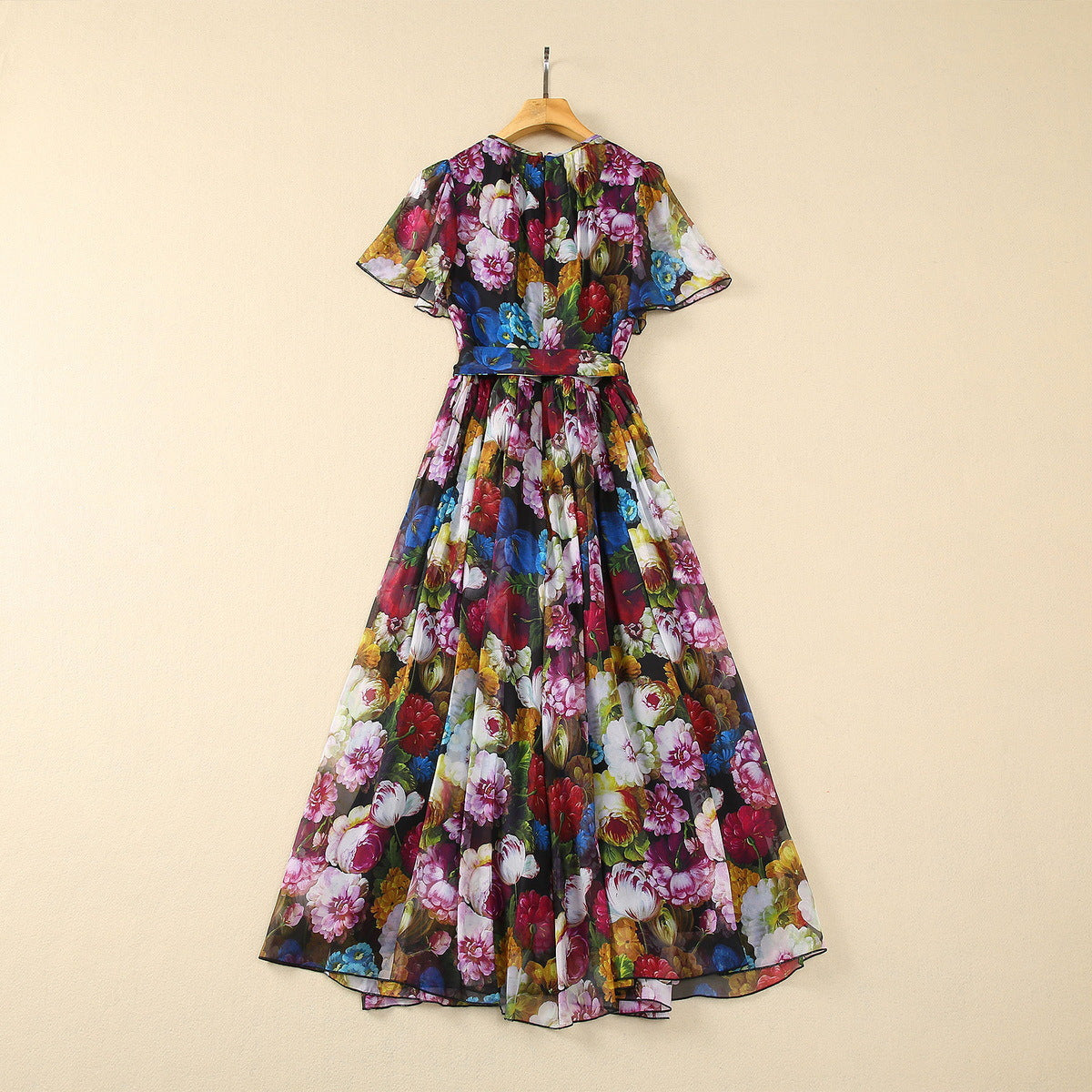 Premium Silk Chiffon Dress - Pleated Chrysanthemum Print with Belt