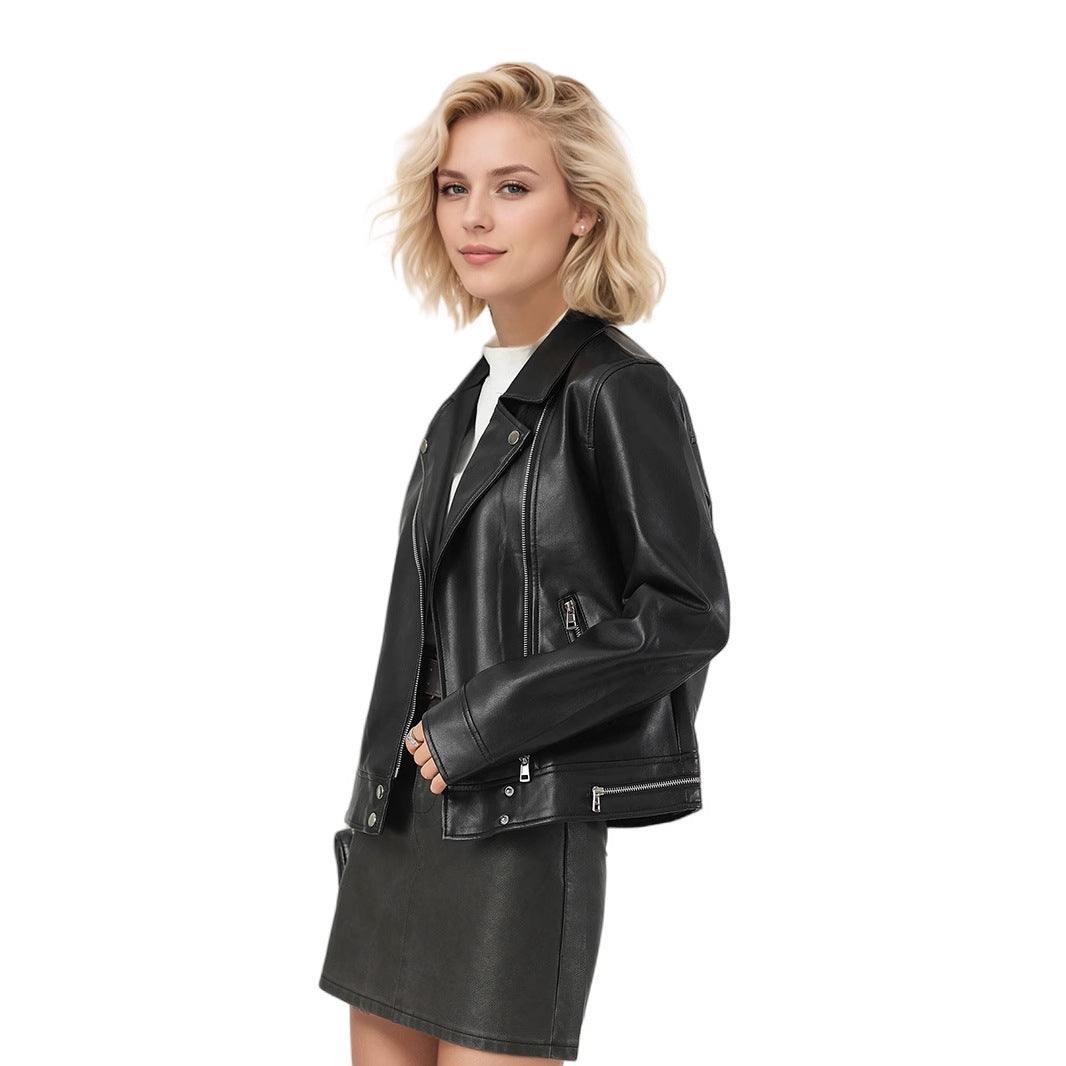 Women's Slim-Fit PU Leather Jacket with Turn-Down Collar