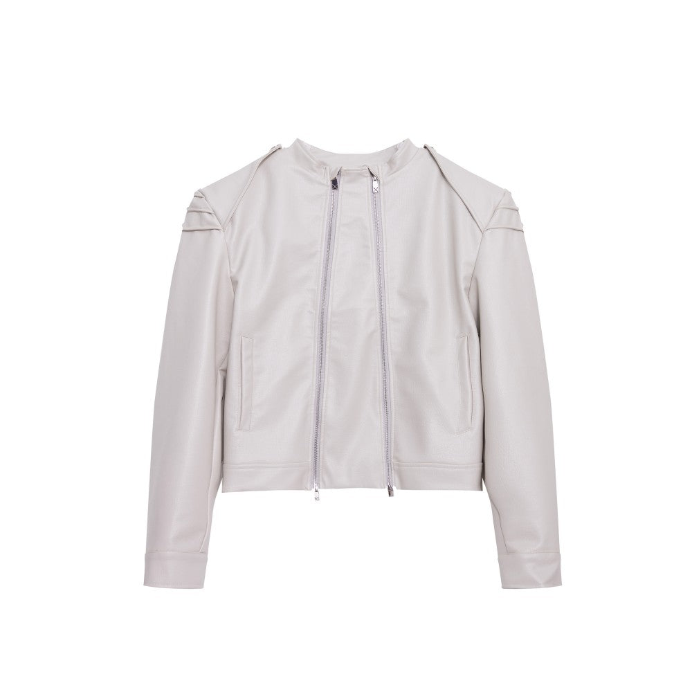 Double Zipper Split Design PU Leather Jacket - Stand Collar Loose Fit Coat