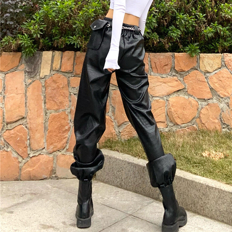 Black Textured Faux Leather Overalls - Urban Casual Pants for Women