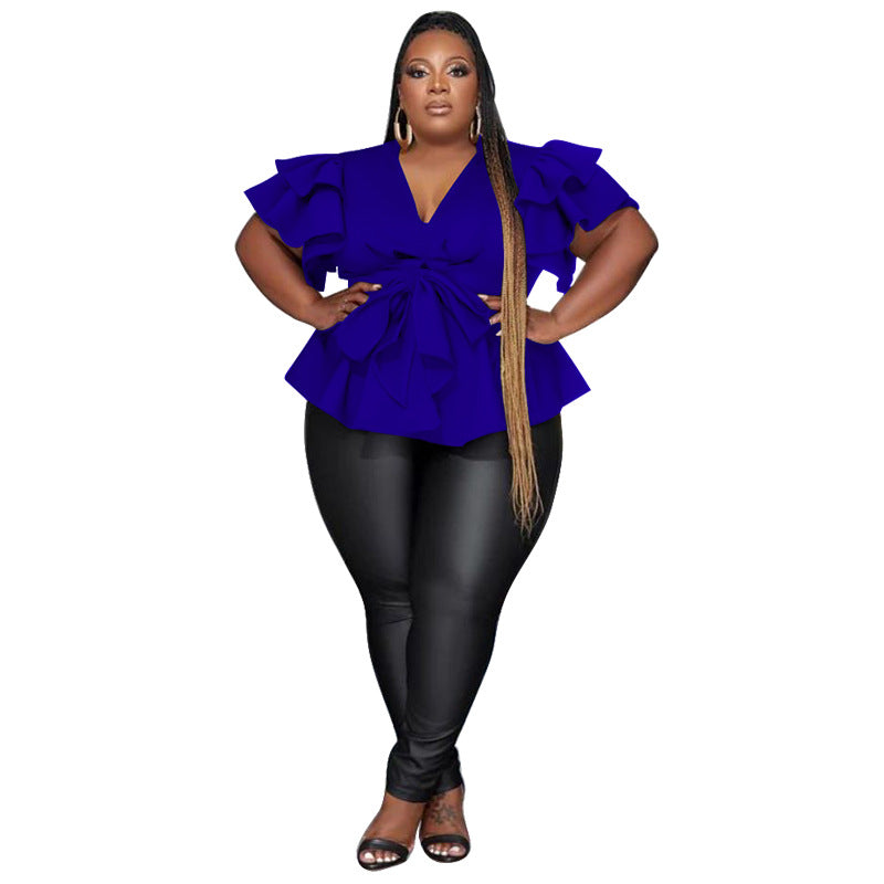 Women's V-Neck Ruffle Sleeve Blouse - Pleated Pullover Top