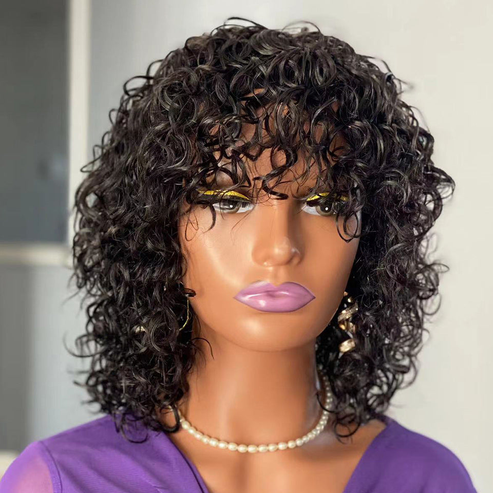 Human Hair Water Wave Wig with Bangs - Natural Black Fringe Wig