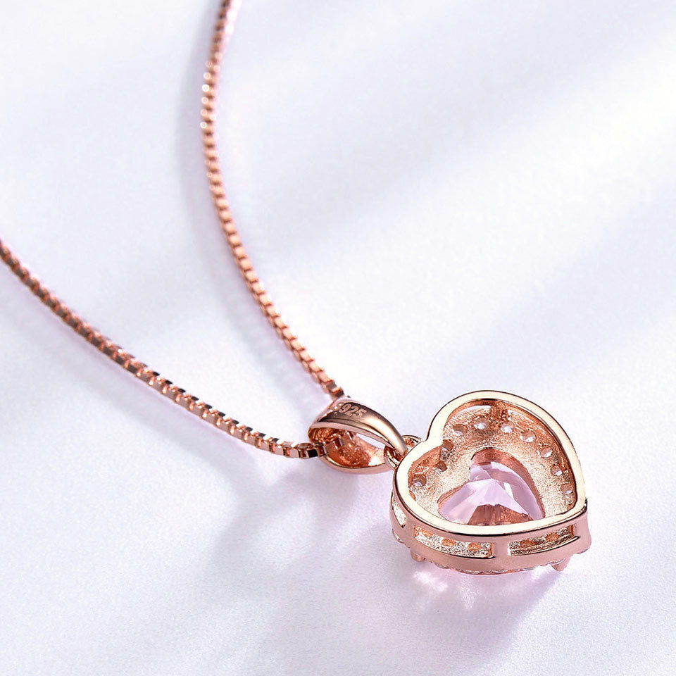 925 Sterling Silver Heart Pendant Necklace - Rose Morganite Charm Necklace for Women