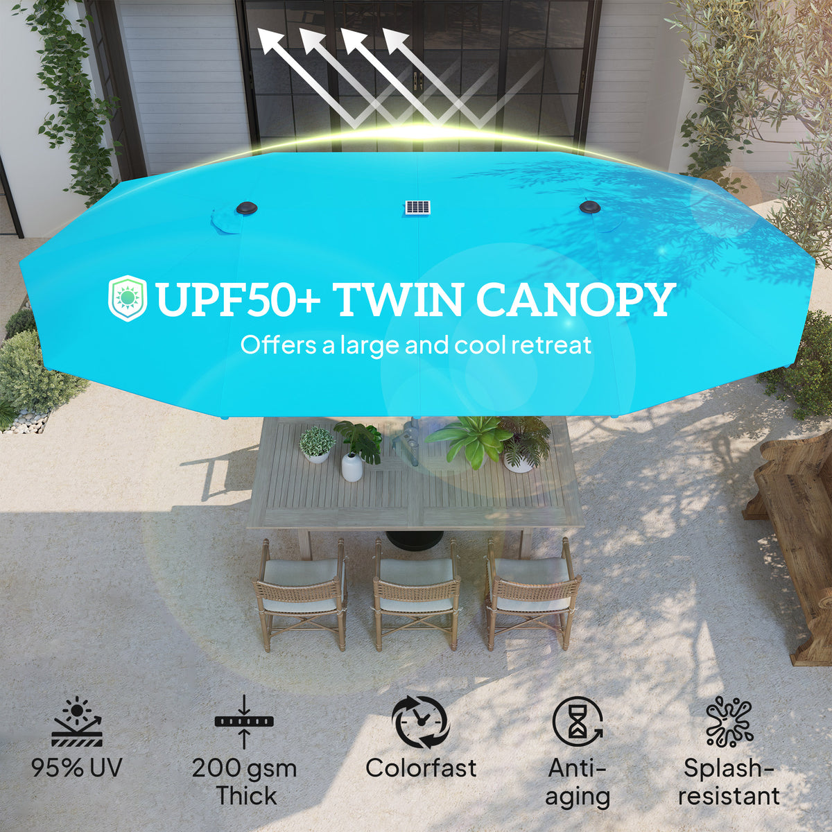 15ft Double-Sided Outdoor Patio Umbrella with Solar LED Rib Lights | UPF50+ | Crank Lift | Blue