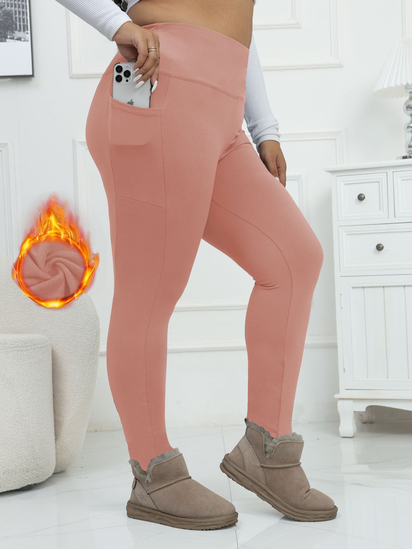 Fleece-Lined Yoga Pants for Women - High-Waist Cropped Leggings with Pockets