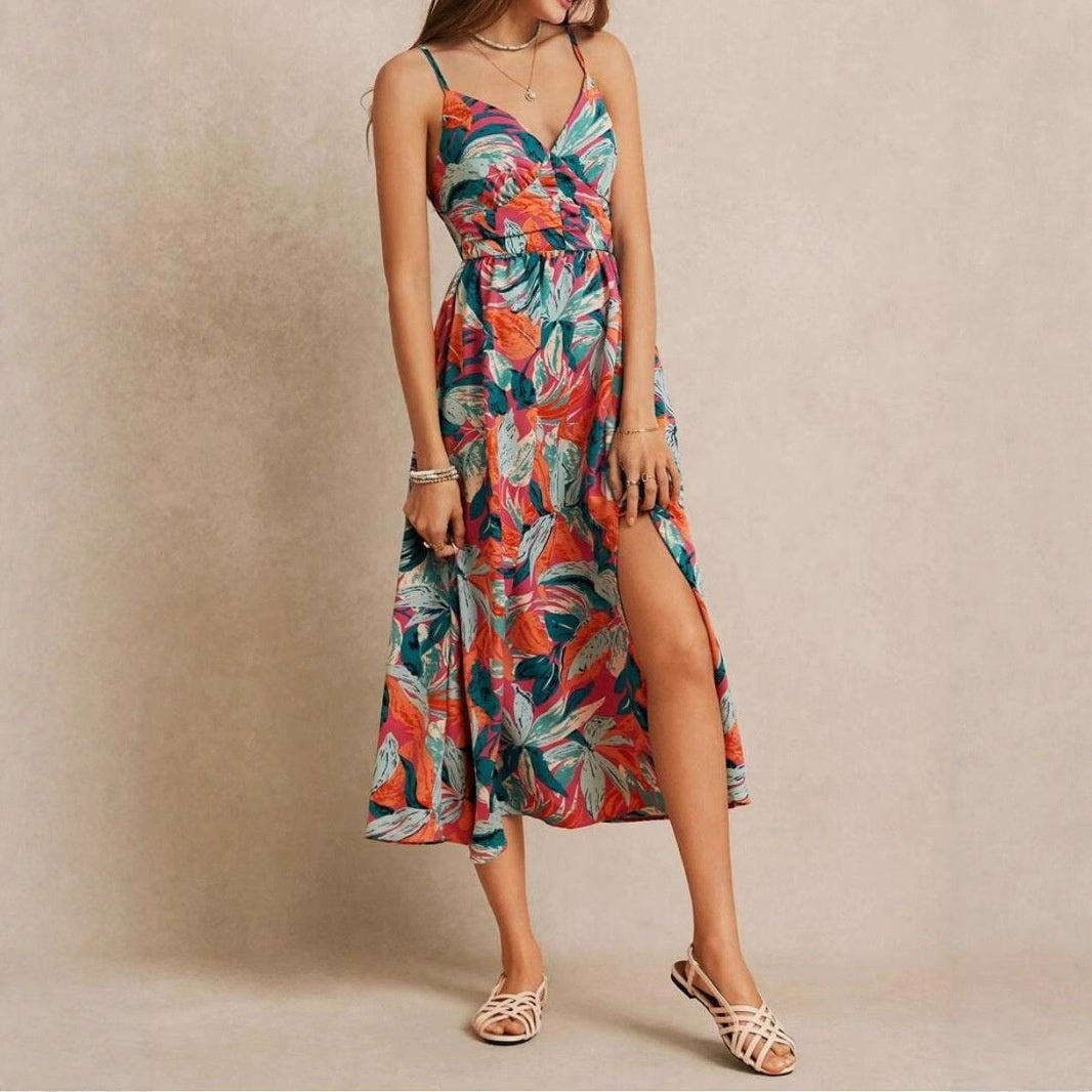 Women's Tropical Print High-Waist Maxi Dress - Long Sleeve A-Line Dress