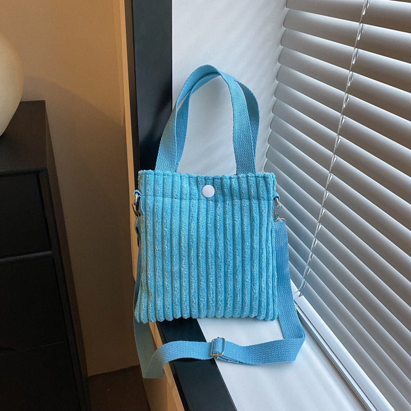 Corduroy Bucket Bag - Solid Color Crossbody Shoulder Bag with 3D Pocket
