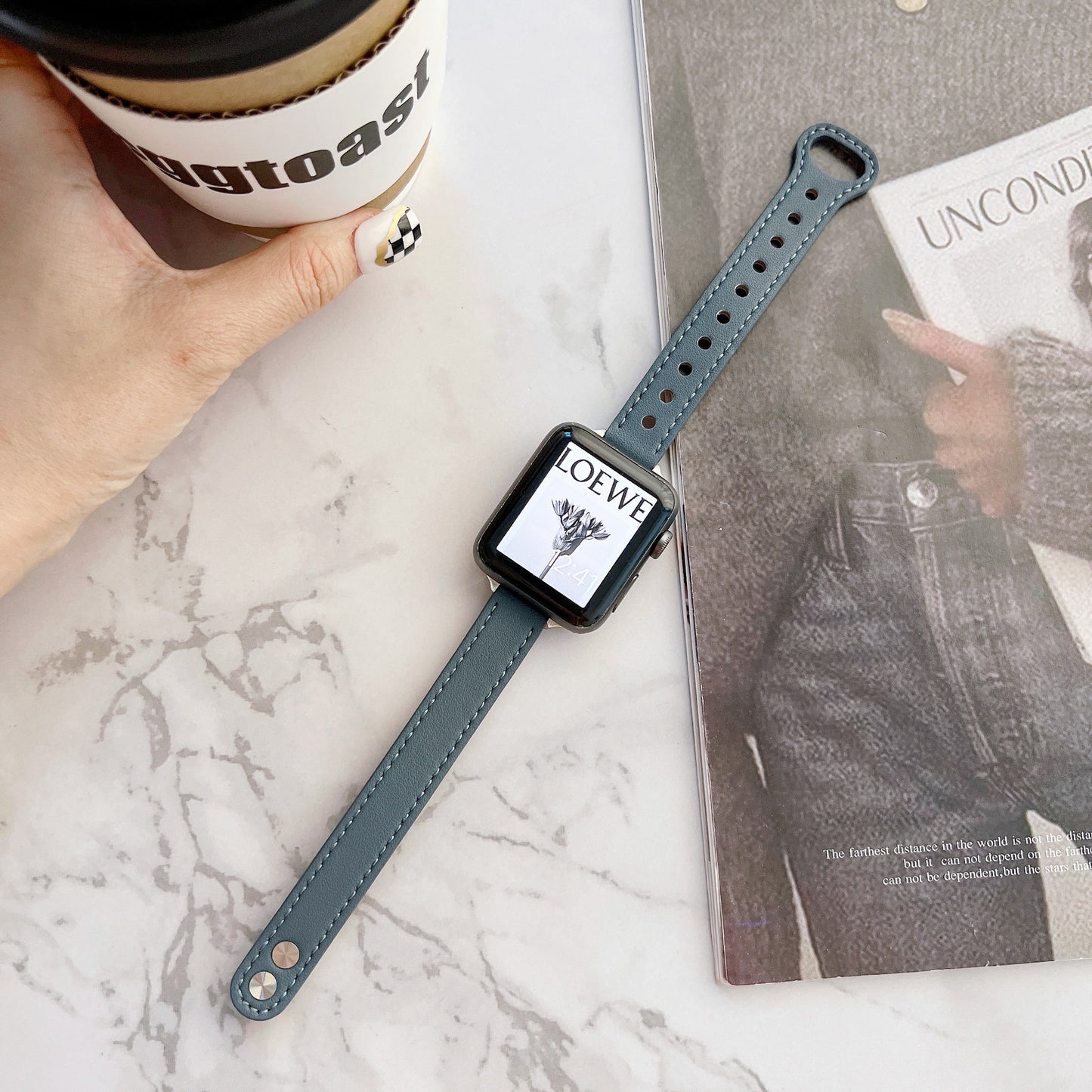 Slim Leather Apple Watch Band - Double Rivet Design with Custom Interface