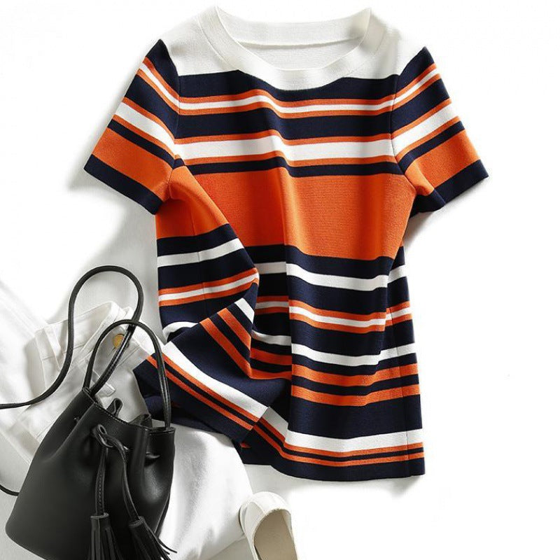 Women's Color-Block Striped Knit Top - Loose Fit Crew Neck Sweater