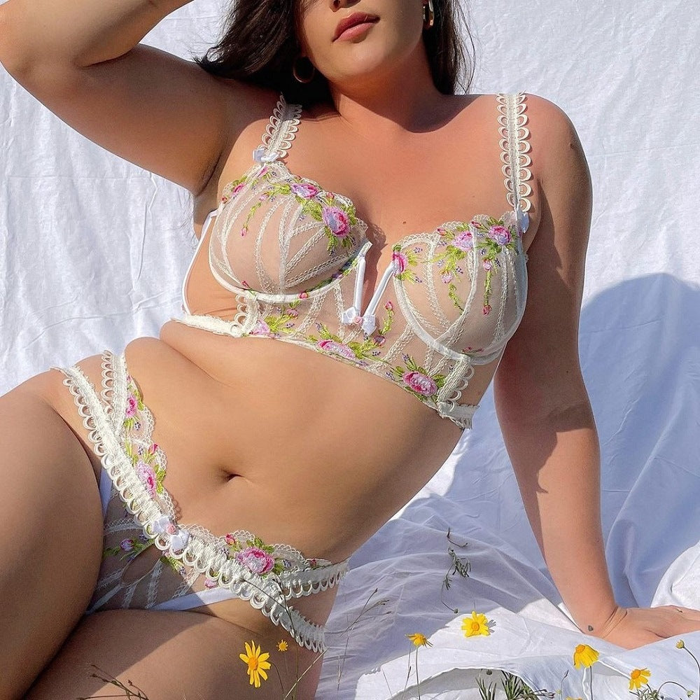 Women's Embroidered Mesh Lingerie Set - High-Density Floral Design Bra and Panty