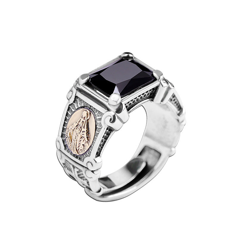 Men's S925 Silver Black Onyx Virgin Mary Ring - Adjustable Geometric Inlay Ring