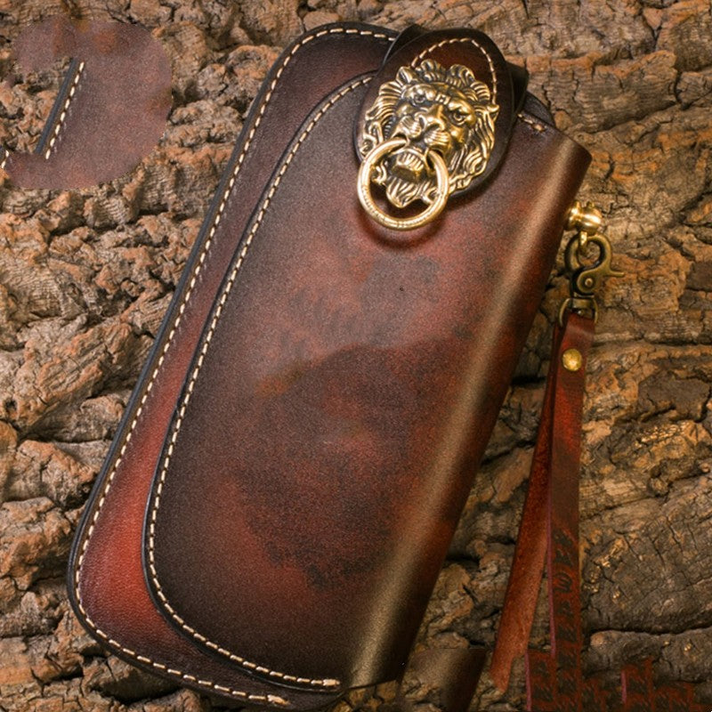 Men's Cowhide Leather Embossed Wallet - Long Bifold with Zipper Closure and Artistic Designs
