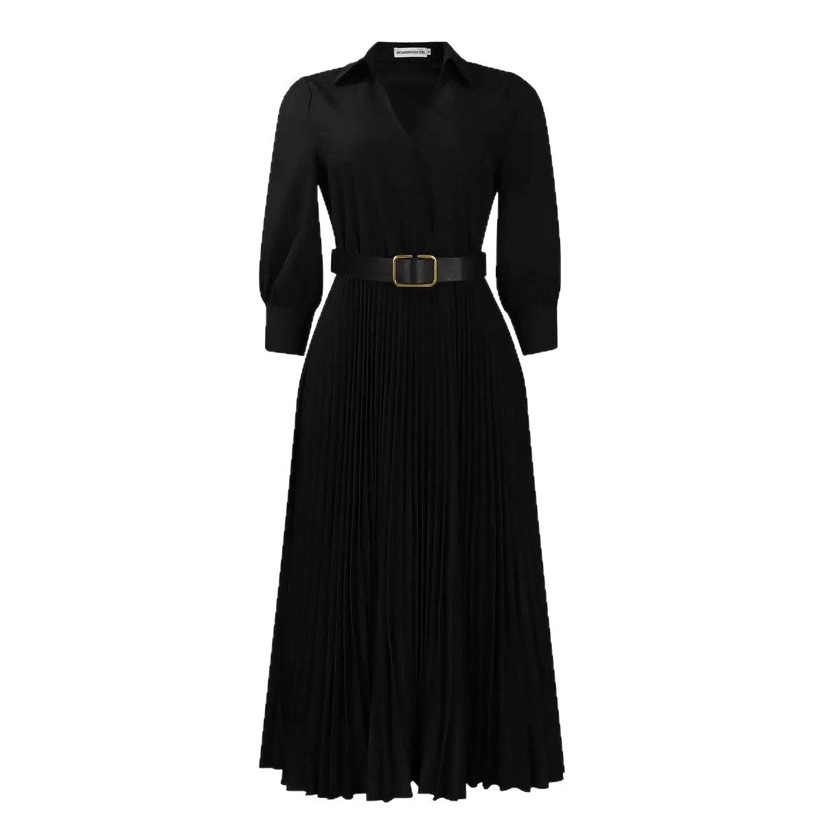 Women's High-Waisted Elegant Pleated Solid-Color Dress - Mid-Length