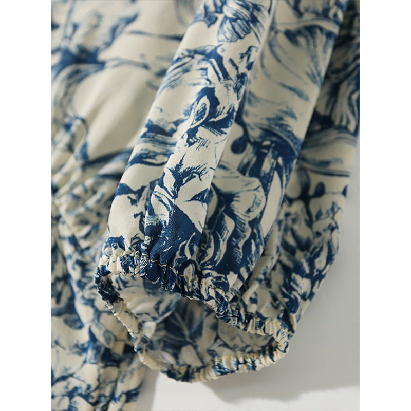 Chinese Style Heavyweight Silk Dress - Blue and White Porcelain Pattern
