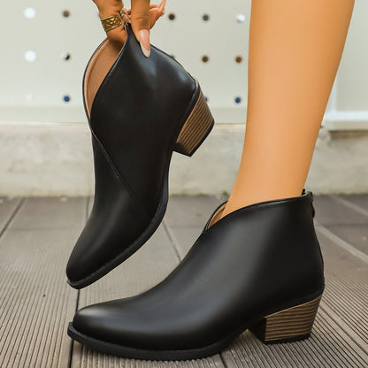 Women's Pointed Toe Ankle Boots - Chunky Heel Boots with Back Zipper