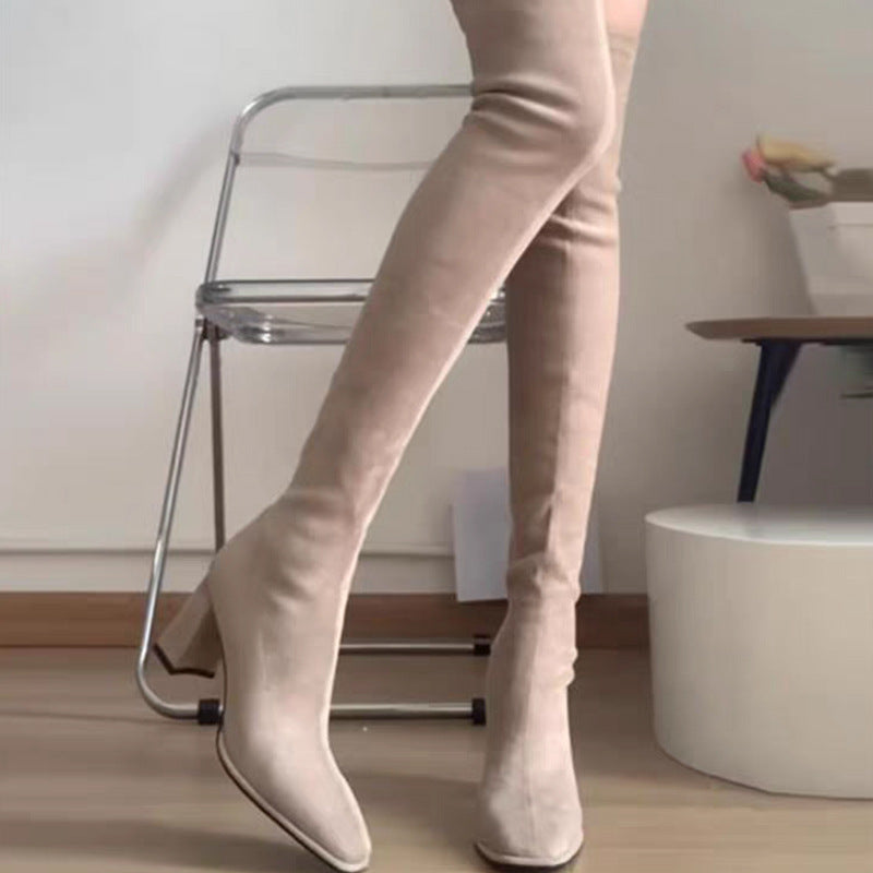 Stretchy Over-the-Knee Chunky Heeled Boots - Square Toe High Boots for Fall and Winter