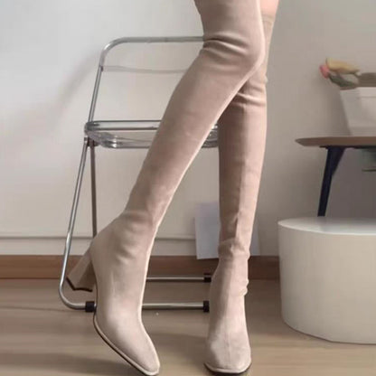 Stretchy Over-the-Knee Chunky Heeled Boots - Square Toe High Boots for Fall and Winter