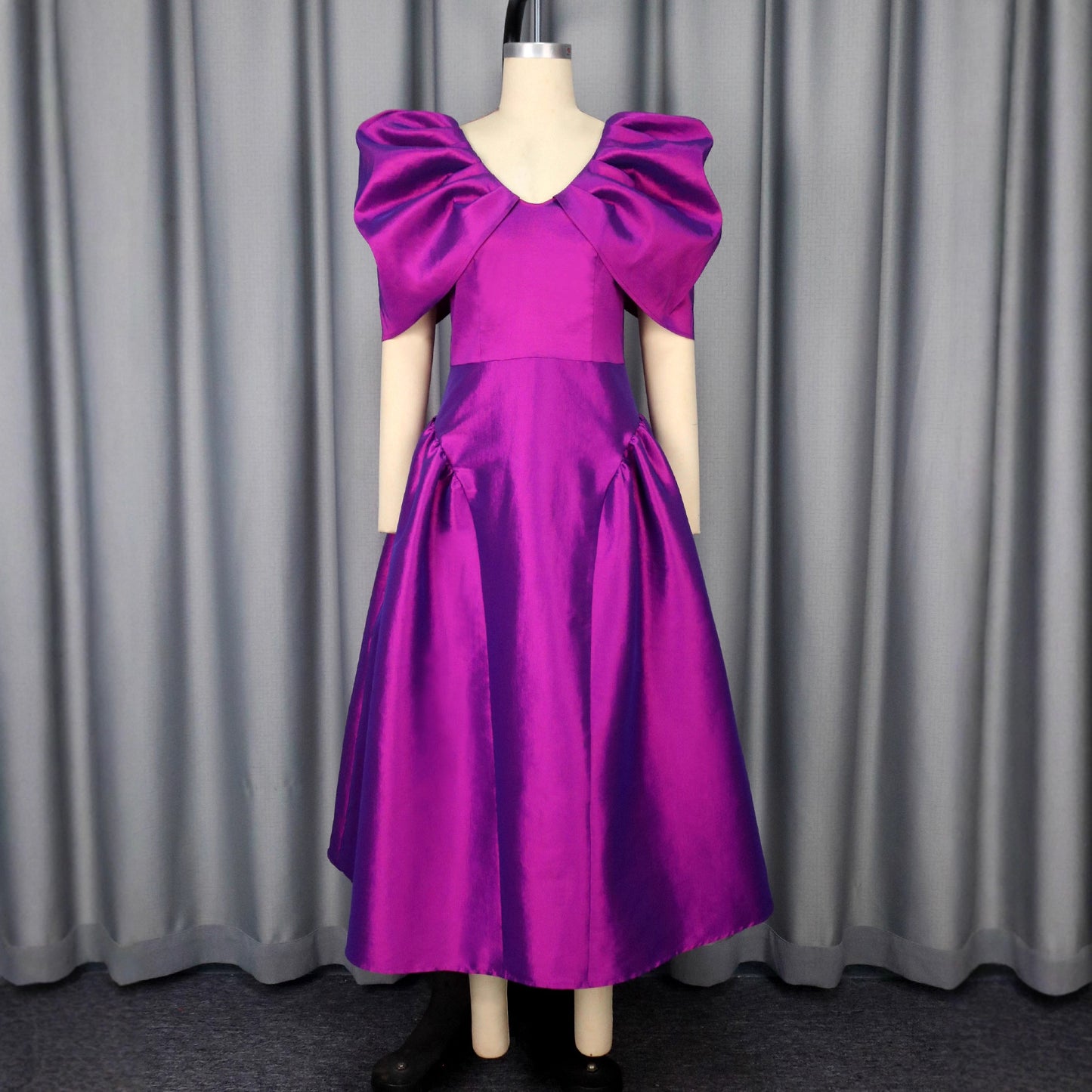 Women's Puff Sleeve A-Line Evening Dress | Pleated Maxi Banquet Gown