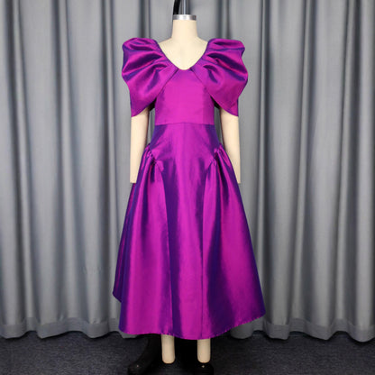 Women's Puff Sleeve A-Line Evening Dress | Pleated Maxi Banquet Gown