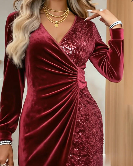 V-Neck Sequin Velvet Bodycon Dress - Long Sleeve Pencil Dress