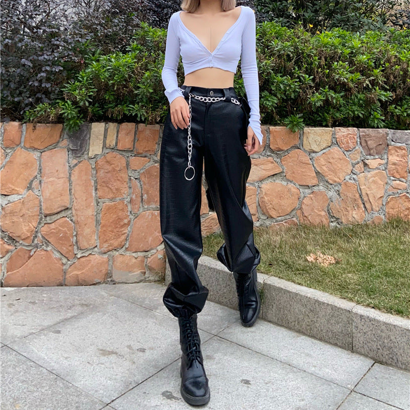 Black Textured Faux Leather Overalls - Urban Casual Pants for Women
