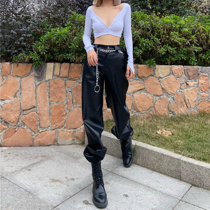 Black Textured Faux Leather Overalls - Urban Casual Pants for Women