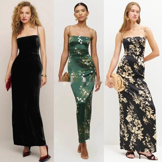 Women's Floral Print Silk Sleeveless Maxi Dress - Split Slit Waist Tie Dress