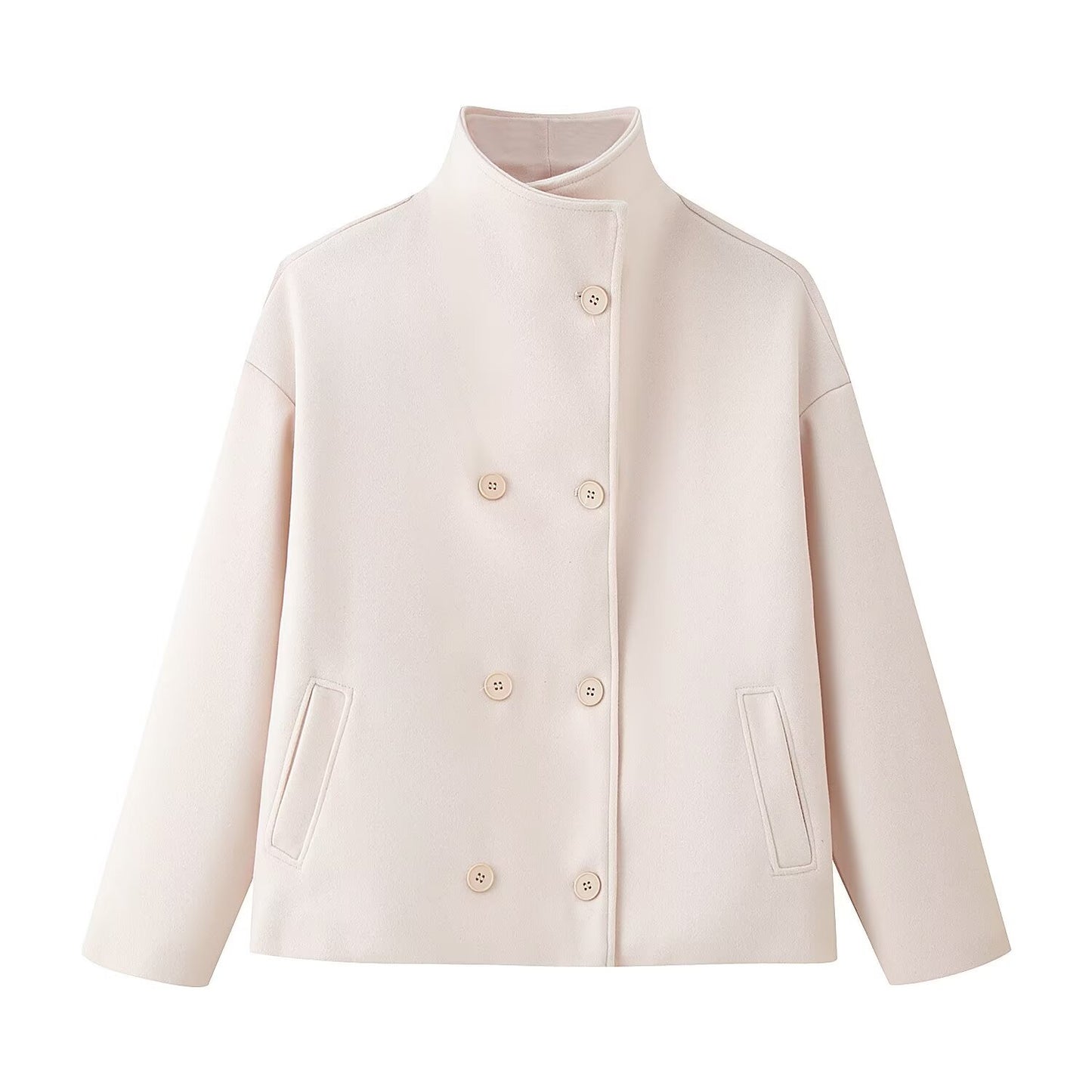 Women's Double-Breasted Wool Coat - Stand Collar Short Jacket with Pockets