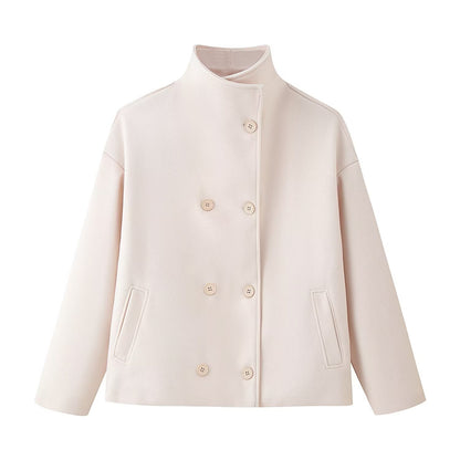 Women's Double-Breasted Wool Coat - Stand Collar Short Jacket with Pockets