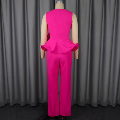 Women's 3D Floral V-Neck Sleeveless Top & High-Waist Straight-Leg Pants Set
