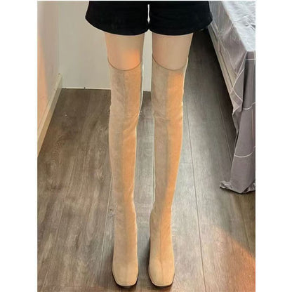 Stretchy Over-the-Knee Chunky Heeled Boots - Square Toe High Boots for Fall and Winter