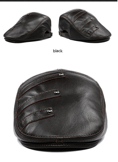 Men's Genuine Cowhide Leather Beret - Embroidered Flat Cap for Autumn & Winter