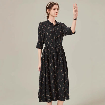 Women's Floral Mid-Length Shirt Dress - Mulberry Silk Jacquard in Classic Black