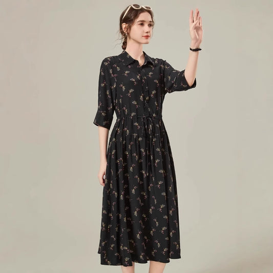 Women's Floral Mid-Length Shirt Dress - Mulberry Silk Jacquard in Classic Black